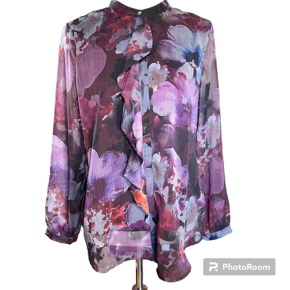 Christopher & Banks button down floral ruffle blouse sz medium NWT sheer sleeve